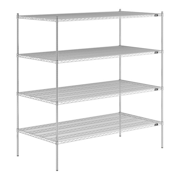 A Lavex Pro chrome wire shelving unit with four shelves.