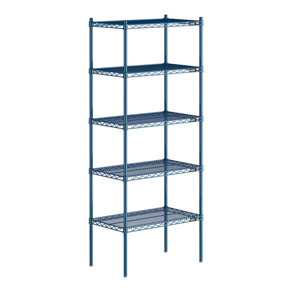 A Lavex Pro blue metal wire shelving unit with four shelves.