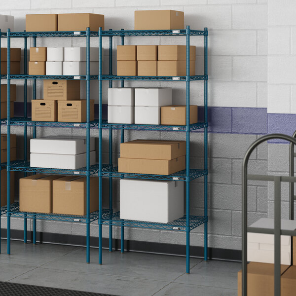 Lavex Pro blue wire shelving with white boxes on it.