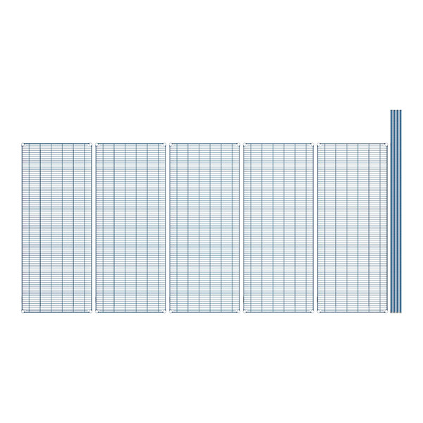 A row of blue and white grids on rectangular wire shelves.
