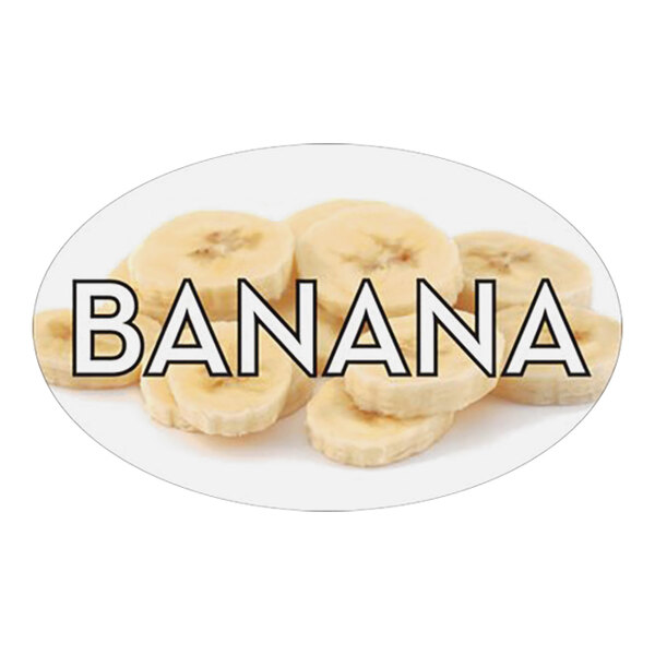 A Bollin oval white retail sticker with the word "Banana" on a banana with a peel.