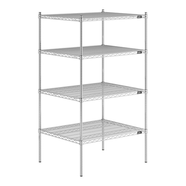 A Lavex Pro wire shelving unit with four shelves.