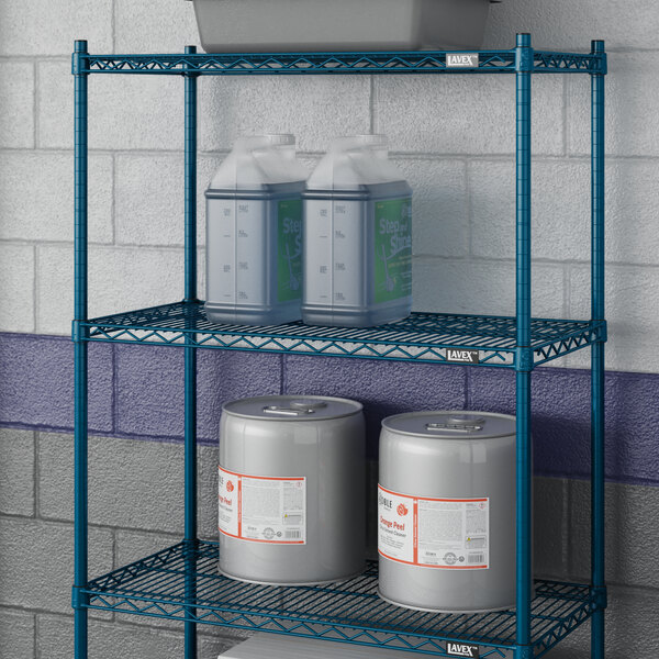 A Lavex Pro blue epoxy metal wire shelf holding containers.