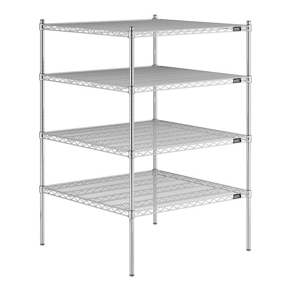 A Lavex Pro chrome wire shelving unit with four shelves.