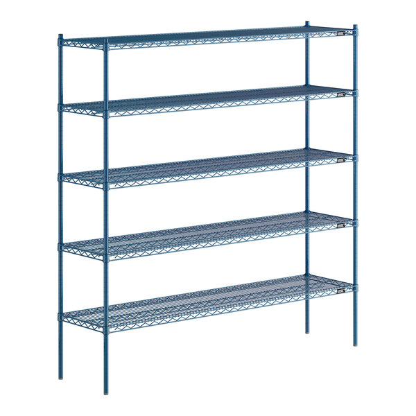 A blue Lavex Pro wire shelving unit with four shelves.