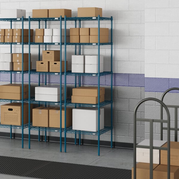 Blue Lavex Pro wire shelves holding white boxes.