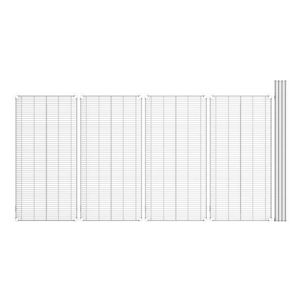 A group of Lavex Pro chrome wire shelves with white grids on a white background.