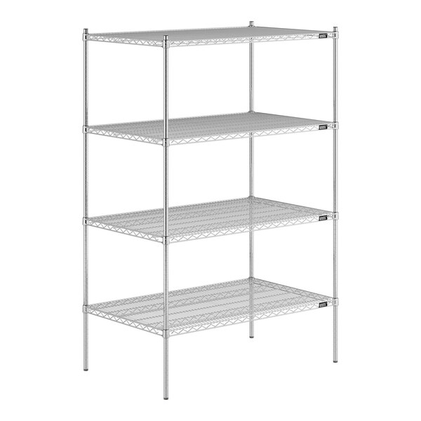 A Lavex Pro chrome wire shelving unit with four shelves.