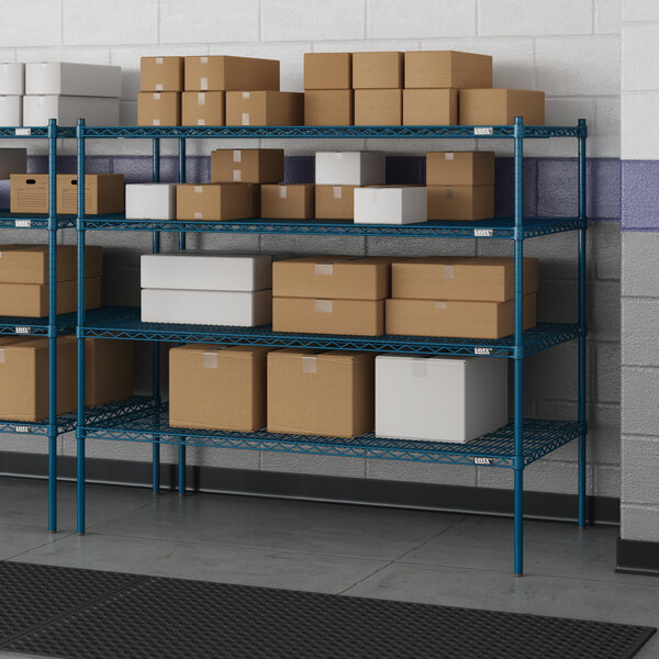 Blue Lavex Pro wire shelving with boxes on it.