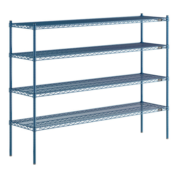 A blue Lavex Pro wire shelving unit with four shelves.