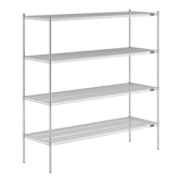 A Lavex Pro chrome wire shelving unit with four shelves.