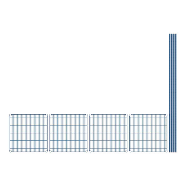 A blue grid of wire shelves with blue posts.