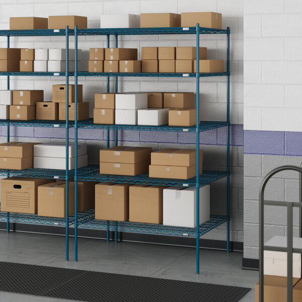 Blue Lavex Pro wire shelving with white boxes on the shelves.