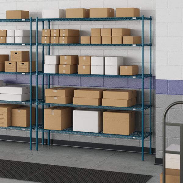 A Lavex Pro wire shelf in a warehouse with boxes on it.