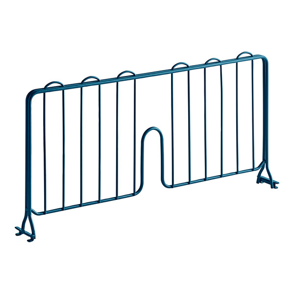 A blue metal shelf divider with two bars.