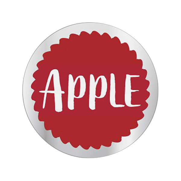 A white round sticker with a red circle and the word "apple" in white.