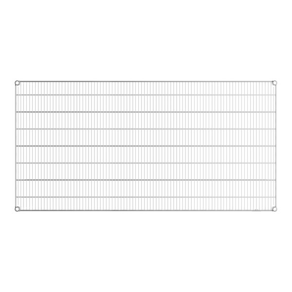 A close-up of a Lavex Pro chrome wire shelf with a grid of metal bars.