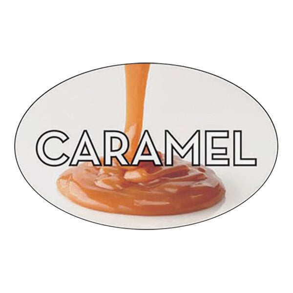 A Bollin oval caramel bakery label with the text "Caramel" on it placed on a bowl of caramel.