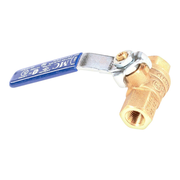 A close-up of a brass Henny Penny ball valve with a blue handle.