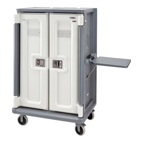 A white and grey plastic storage container with a granite gray Cambro end table on a cart shelf.