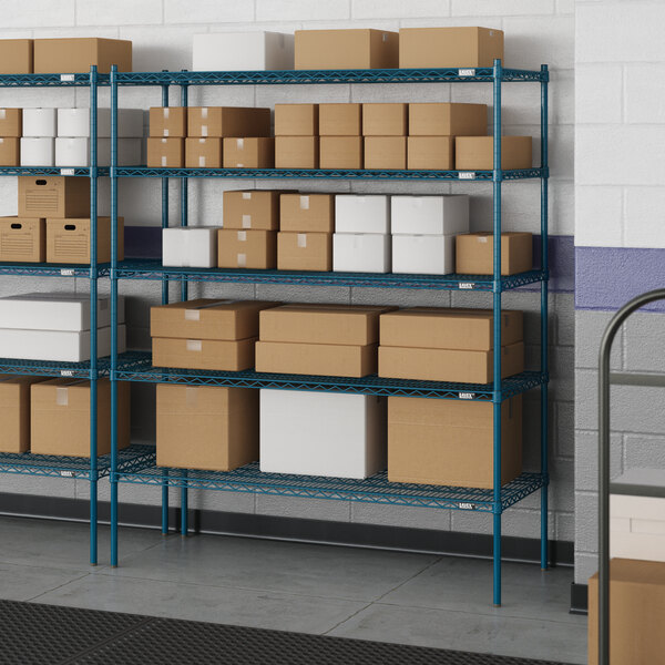 Blue Lavex Pro wire shelving with boxes on the shelves.