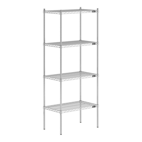 A Lavex Pro chrome wire shelving unit with four shelves.