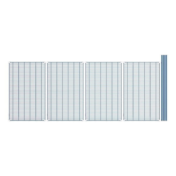 A row of blue and white metal wire grids.