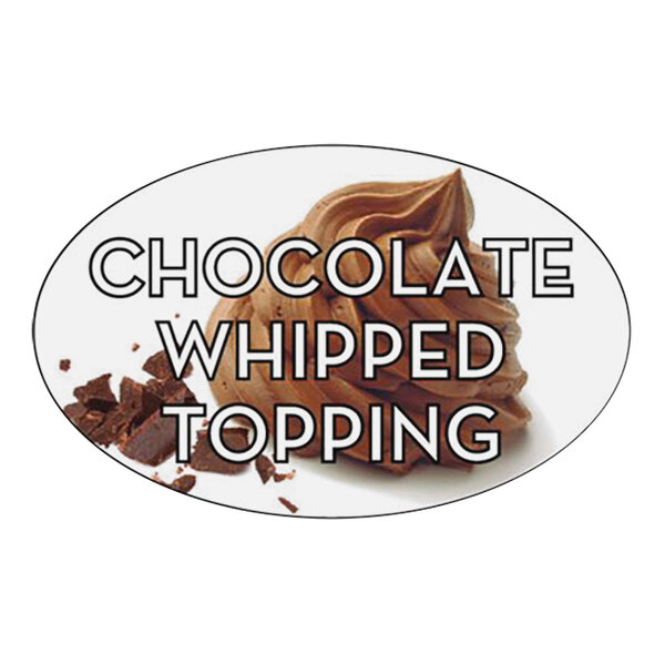 A Bollin oval bakery label with white background and text that reads "Chocolate Whipped Topping" with a close up of a chocolate whipped cream.