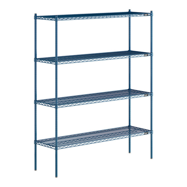 A blue metal wire shelving unit with four shelves.