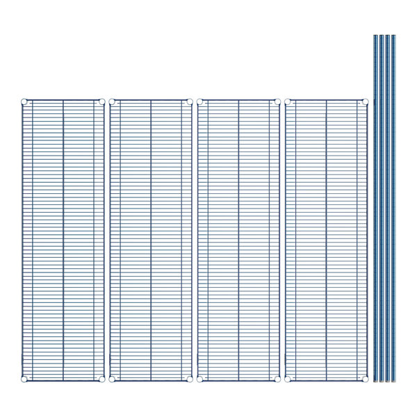 A blue Lavex Pro wire shelving unit with blue rods and blue metal grids.