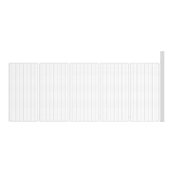 A white grid with black poles and shelves.