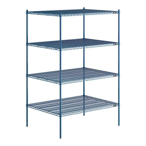 A blue metal Lavex Pro wire shelving unit with four shelves.