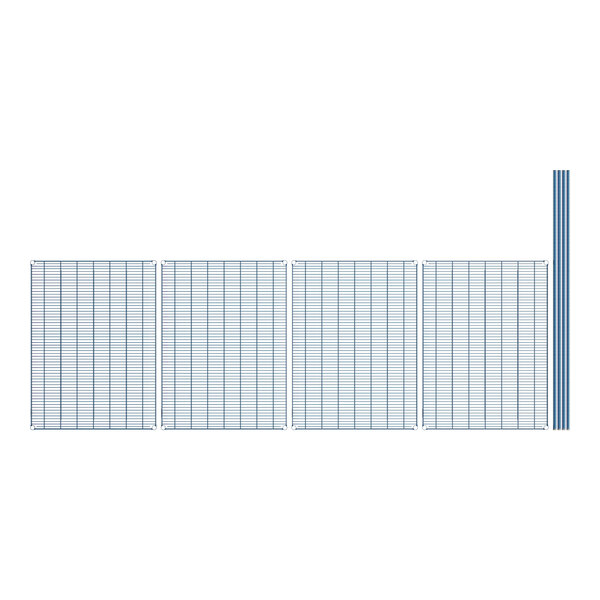 A blue and white grid of wire shelves.