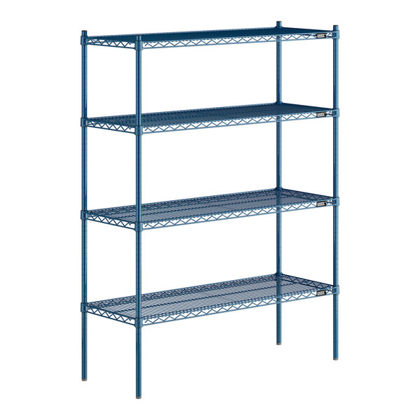 A blue metal Lavex Pro wire shelving unit with four shelves.