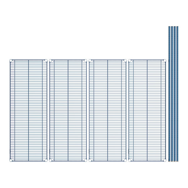 A row of blue wire shelves with blue metal panels.