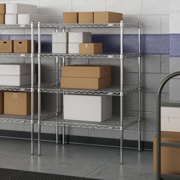 A metal Lavex Pro wire shelving unit with boxes on the shelves.