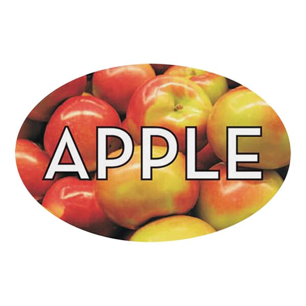 A white oval bakery sticker with the word "apple" in white text.