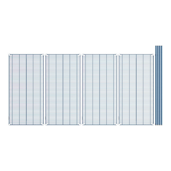A row of blue Lavex Pro wire grids on white shelves.
