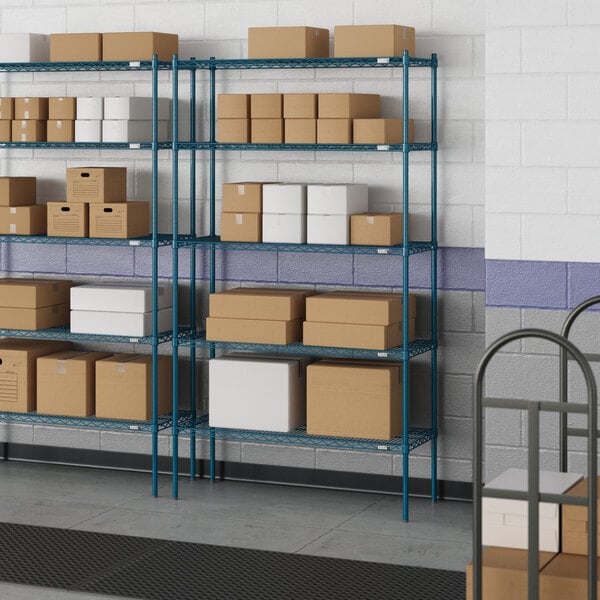 A Lavex Pro wire shelf with boxes on it.