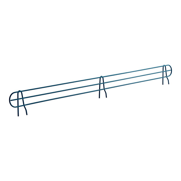 A blue wire shelf ledge on a blue wire rack.