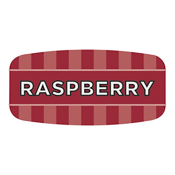 A white rectangular label with a raspberry logo in red and white stripes.