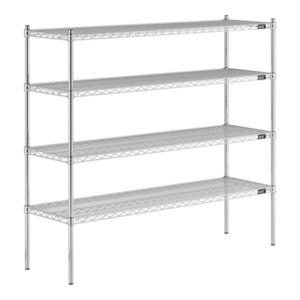 A Lavex Pro chrome wire shelving unit with four shelves.