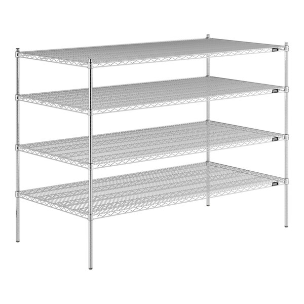 A Lavex Pro chrome wire shelving unit with four shelves.