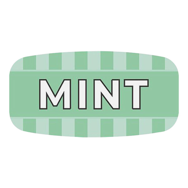 A rectangular mint label with white text on a green background.