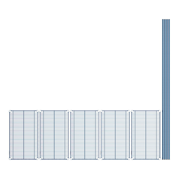 A close-up of a grid of blue metal shelves.