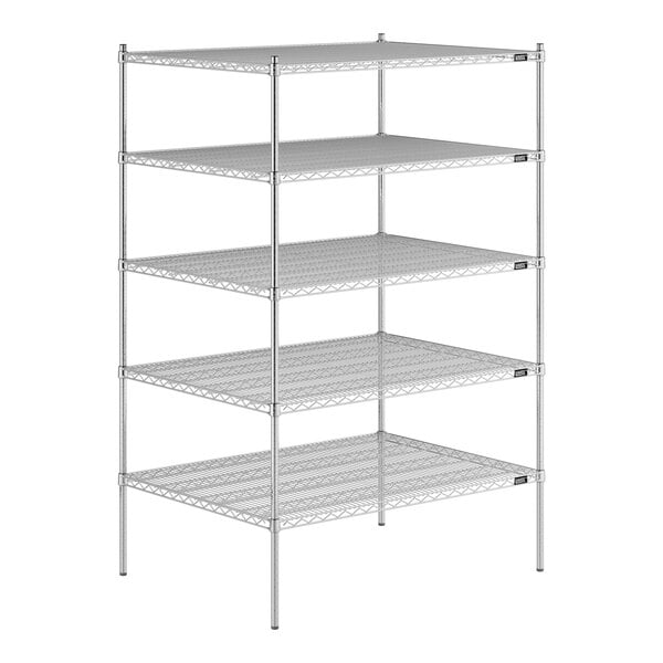 A close-up of a metal shelf from a Lavex Pro wire shelving unit.