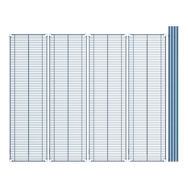 A blue wire shelving unit with blue rods.