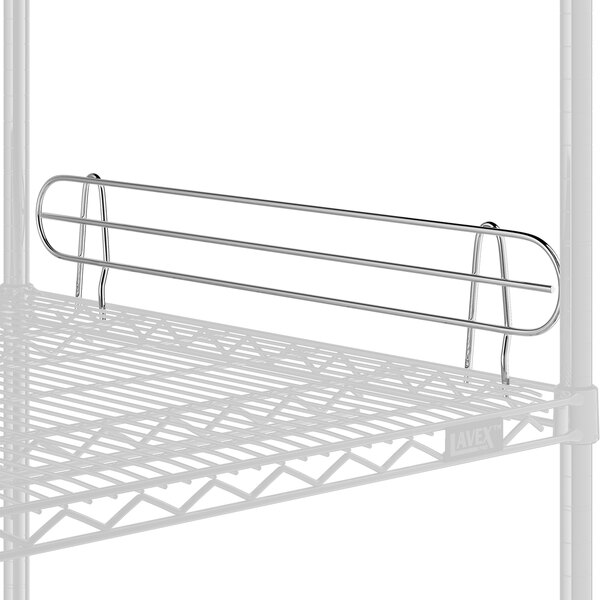 A white wire shelf with a metal bar on the edge.