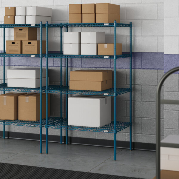 Blue Lavex Pro wire shelving with white rectangular boxes on the shelves.