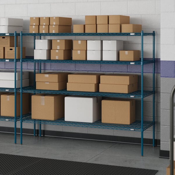 A blue Lavex Pro wire shelving unit with boxes on it.